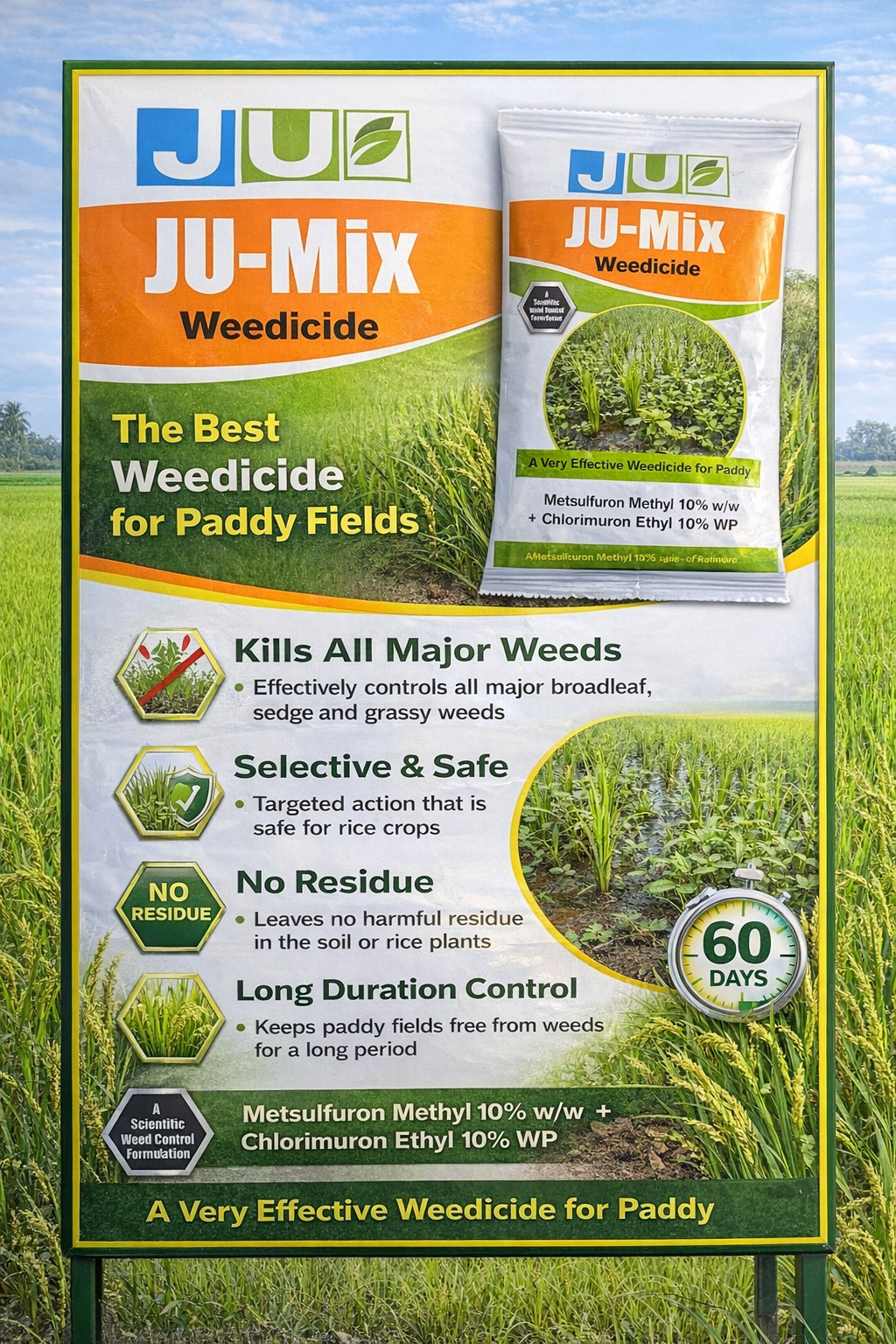 JU Mix Metsulfuron Methyl 10% + Chlorimuron Ethyl 10% WP Herbicide, Pre Emergent As Well As a Post Emergent